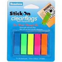 Stick On Clearnote Flags Beautone 12 x 45mm Assorted Colours 15600 Pack 5