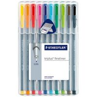 Pen Staedtler Triplus Fineliner 334 SB10 0.3mm Clear Hardcase Plastic Wallet 10 Assorted Colours 