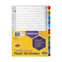 Divider A4 Marbig Manilla Board 1 to 20 Reinforced Multi Coloured Tabs 35023F