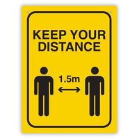 Signage Social Distancing A4 Wall Sign Black on Yellow Pictorial Keep Your Distance 1.5M 