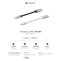 Mophie USB-C To USB-A Cable (3M) - White (409903207), Durable Connectors, Reinforced Armored Core, Durable, Braided Nylon Exterior Cable