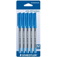 Pen Staedtler Stick 430 Medium Card of 5 Blue 