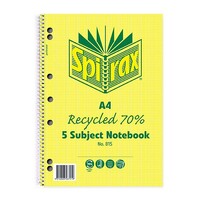 Spirax Notebook 815 Recycled A4 5 Subject 250 Page Pack 5