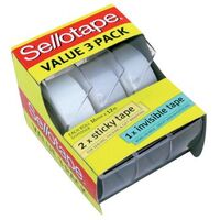 Tape Sellotape 18mm x 12M Value pack of 3 with 2x Sticky and 1x Invisible 