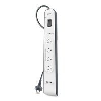 BELKIN 4 OUTLET SURGE PROTECTOR WITH 2M CORD WITH 2 USB PORTS (2.4A), 2YR WTY, $20K CEW