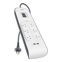 BELKIN 6 OUTLET SURGE PROTECTOR WITH 2M CORD WITH 2 USB PORTS (2.4A), 2YR WTY, $30K CEW