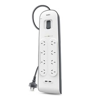 BELKIN 8 OUTLET SURGE PROTECTOR WITH 2M CORD WITH 2 USB PORTS (2.4A),  2YR WTY, $50K CEW