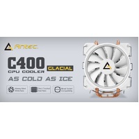 Antec C400 GLACIAL White Air CPU Cooler 12CM PWM 77 CFM Fan, 8mm Copper Base. 115X, 1200, 2011, 2066, AM3, AM3+, AM4, AM5, FM2, FM2+ 3 Years Wty (LS)