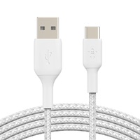 BELKIN 2M USB-A TO USB-C CHARGE/SYNC CABLE, BRAIDED, WHITE, 2YR WTY