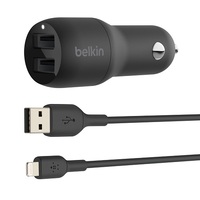 BELKIN 2 PORT CAR CHARGER, 12W/2.4A USB-A (2), 1x 1.2M USB-A TO LIGHTNING CABLE, 2YR WTY