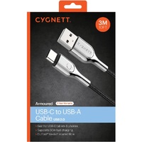 Cygnett Armoured USB-C to USB-A (USB 2.0) Cable (3M) - Black (CY3307PCUSA), Support 3A/60W Fast Charging, 480 Mbps Transfer Speed, Scratch Resistance