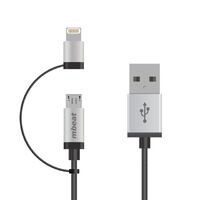 mbeat® 1m Lightning and Micro USB Data Cable - 2-in-1/Aluminmum Shell Crush-Proof/Nylon Braided/Silver/ Apple/Andriod Tablet Mobile Device (L)