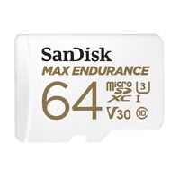 SanDisk Max Endurance 64GB microSD 100MB/s 40MB/s 20K hrs 4K UHD C10 U3 V30 -40°C to 85°C Heat Freeze Shock Temperature Water X-ray Proof SD Adapter