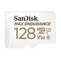 SanDisk Max Endurance 128GB microSD 100MB/s 40MB/s 20K hrs 4K UHD C10 U3 V30 -40°C to 85°C Heat Freeze Shock Temperature Water X-ray Proof SD Adapter