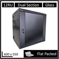 LDR Flat Packed 12U Hinged Wall Mount Cabinet (600mm x 550mm) Glass Door - Black Metal Construction - Top Fan Vents - Side Access Panels