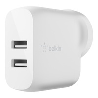 BELKIN 2 PORT WALL CHARGER, 12W, USB-A (2), BOOST CHARGE, WHITE, 2YR WTY WITH $2500 CEW