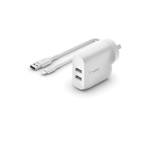 BELKIN 2 PORT WALL CHARGER, 12W, USB-A (2), BOOST CHARGE, WHITE, INCLUDE USB-A TO LGN CABL
