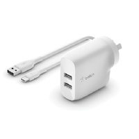 BELKIN 2 PORT WALL CHARGER, 24W, USB-A (2), BOOST CHARGE, WHITE, INCLUDE USB-A TO C CABLE,